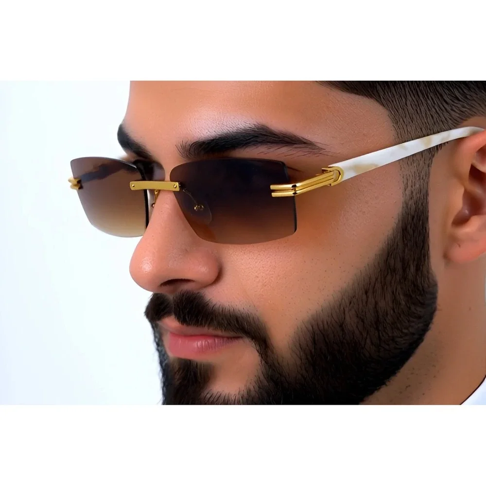 Rimless Sunglasses Rectangle Dark Brown Lens Gold Frame Fashion 80's 90's‎ Style